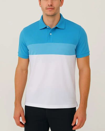 Camisa Polo Listrada em Malha Piquet - Azul Claro/Branco