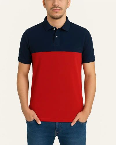 Camisa Polo Listrada em Malha Piquet - Azul Marinho/Vermelho