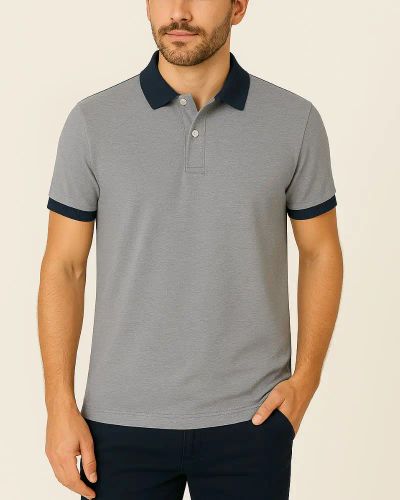 Camisa Polo Listrada em Malha Piquet - Cinza Mescla/Azul Marinho