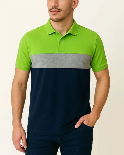 Camisa Polo Listrada em Malha Piquet - Verde Limão/Cinza/Azul