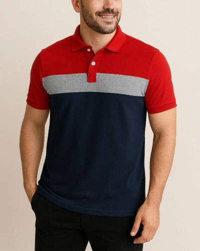 Camisa Polo Listrada em Malha Piquet - Vermelho/Cinza/Azul
